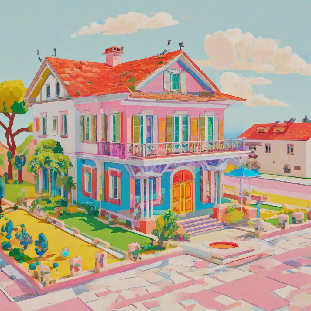 A wide shot of a house in the style of Fauvism combined with pixel art, with bold brushstrokes and vibrant colors, full-body view of the house with feet of the foundation visible, on a plain white background, digital art style, with a mix of geometric shapes and organic forms, dynamic shadows and backlight, in a bird’s eye view perspective