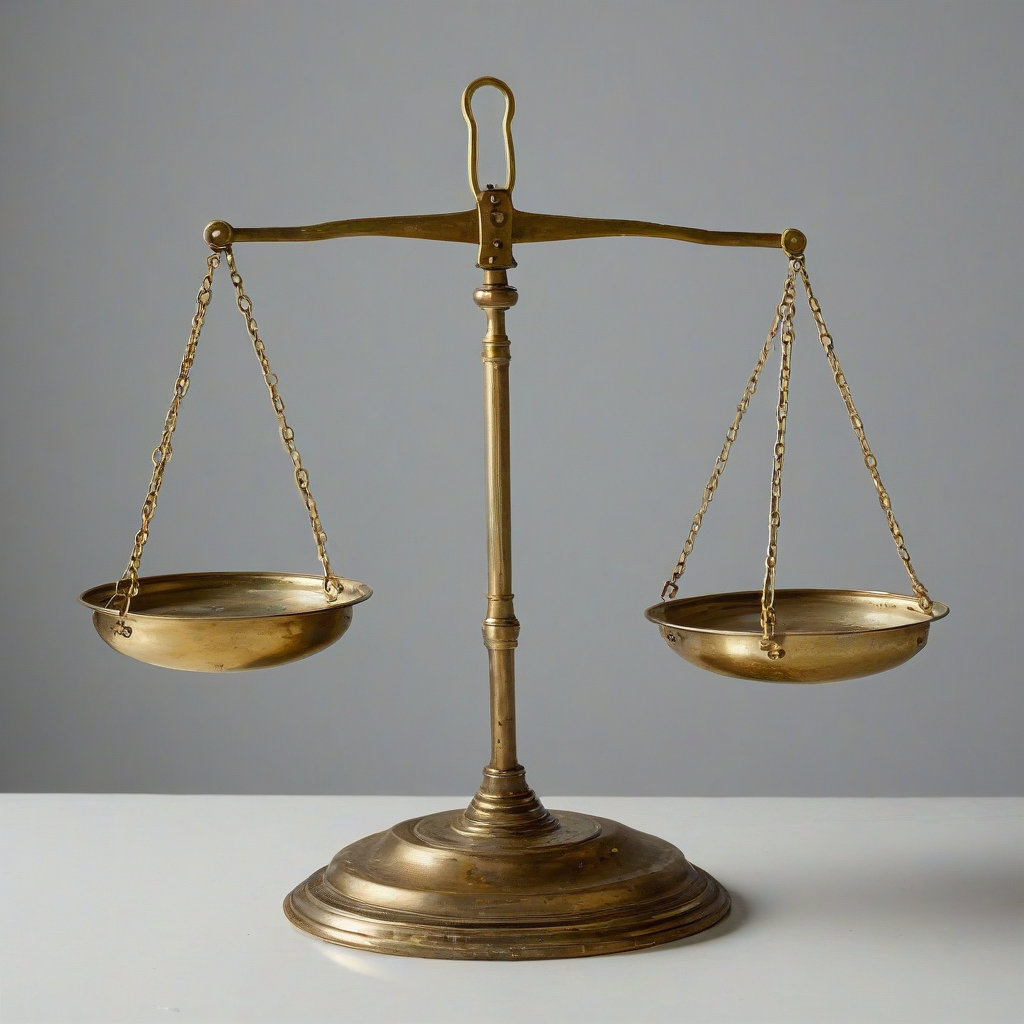 vintage brass balance scale, bright lighting, wide angle shot, on a plain white background, even lighting