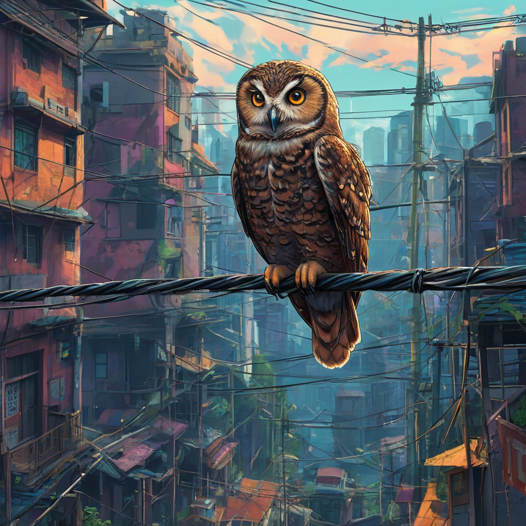 Vibrant digital anime art scene of an owl perched on a powerline in a colorful abandoned city