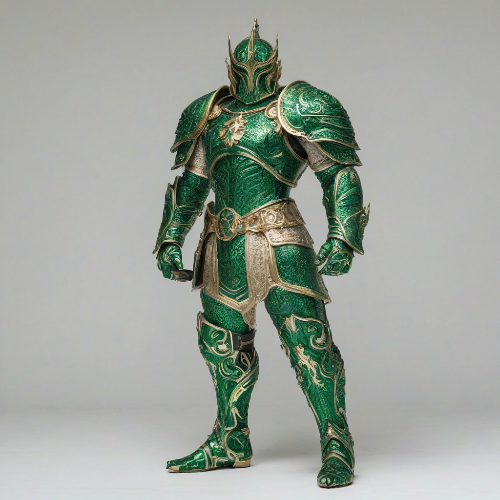 A highly detailed, realistic piece of emerald green armor, with intricate engravings and a metallic sheen, in a wide shot, full-body view, on a plain white background, with dramatic lighting and dynamic shadows, in a realistic art style, on a plain white background, even lighting 