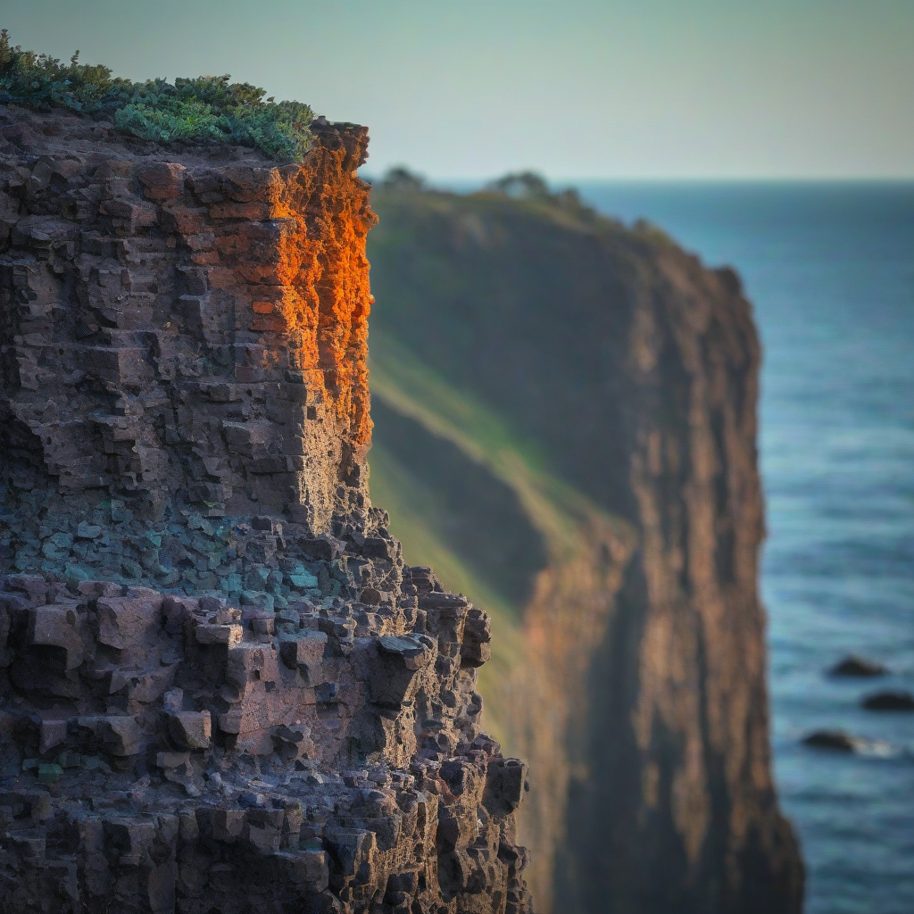 An oceanside cliff of basalt columns in bokeh photography style, using only the colors orange, purple, teal, and green, with the sky visible and a subtle gradient of colors to give a sense of depth.
