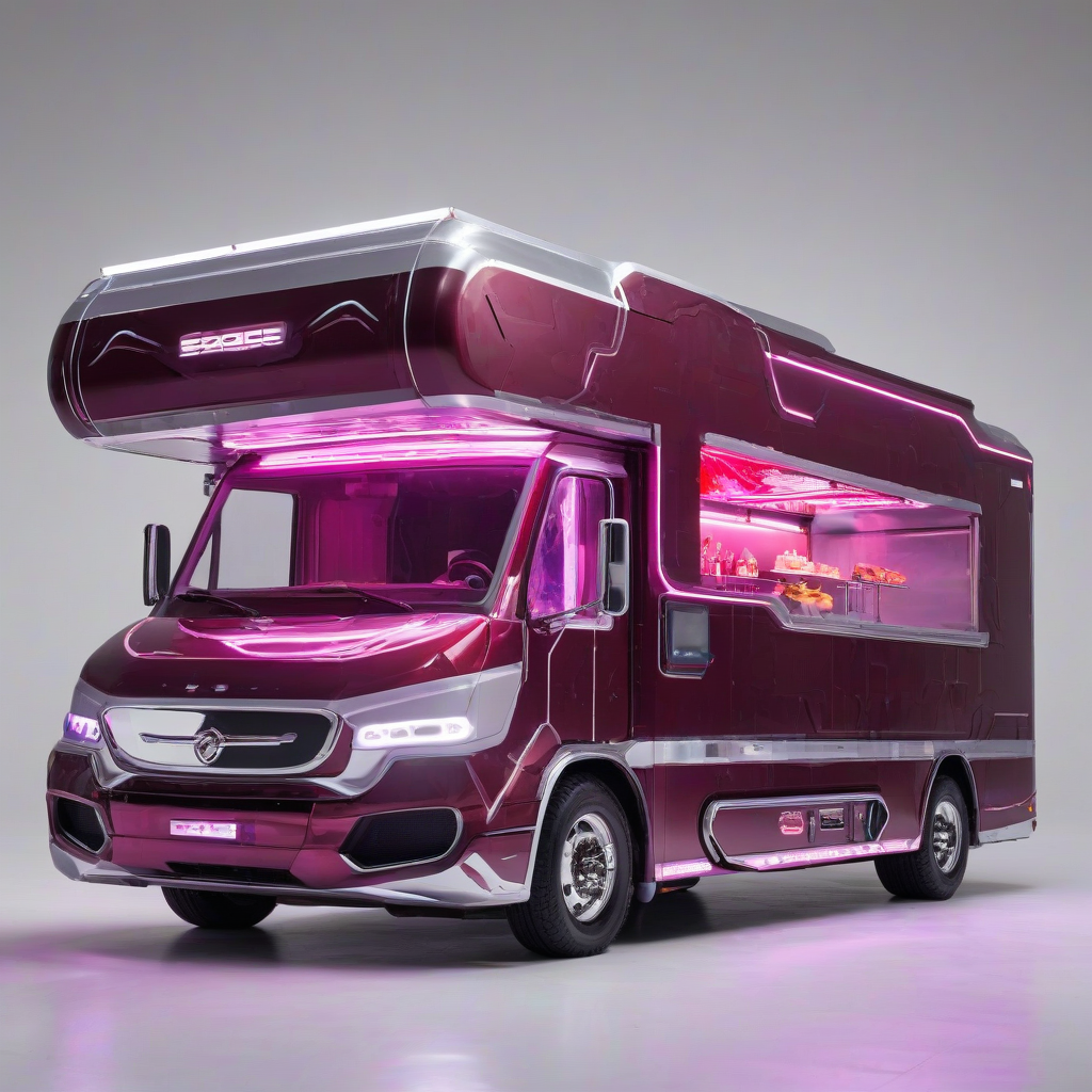 A futuristic, burgundy food truck, with neon lights and metallic accents, in a wide shot with the entire truck visible, on a plain white background, with a sleek, sci-fi design and advanced technology integrated into its architecture, serving exotic, intergalactic cuisine, on a plain white background, even lighting 