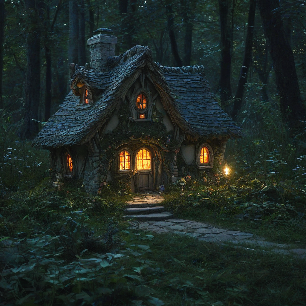 a realistic fairy house in the woods at night