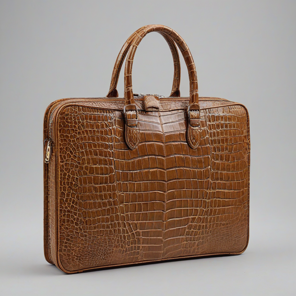 Light brown colored alligator skin briefcase, bright even lighting, on a plain white background, even lighting