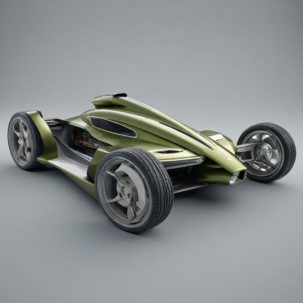 A photorealistic, full-body view of a futuristic transportation device, named Olive, with a metallic olive green finish, gull-wing doors, and sleek, aerodynamic design, set against a plain white background, with soft, natural lighting and subtle reflections, in a wide shot, with the device's wheels and landing gear visible, and a sense of depth and dimensionality, in the style of a high-end automotive photograph, on a plain white background, even lighting