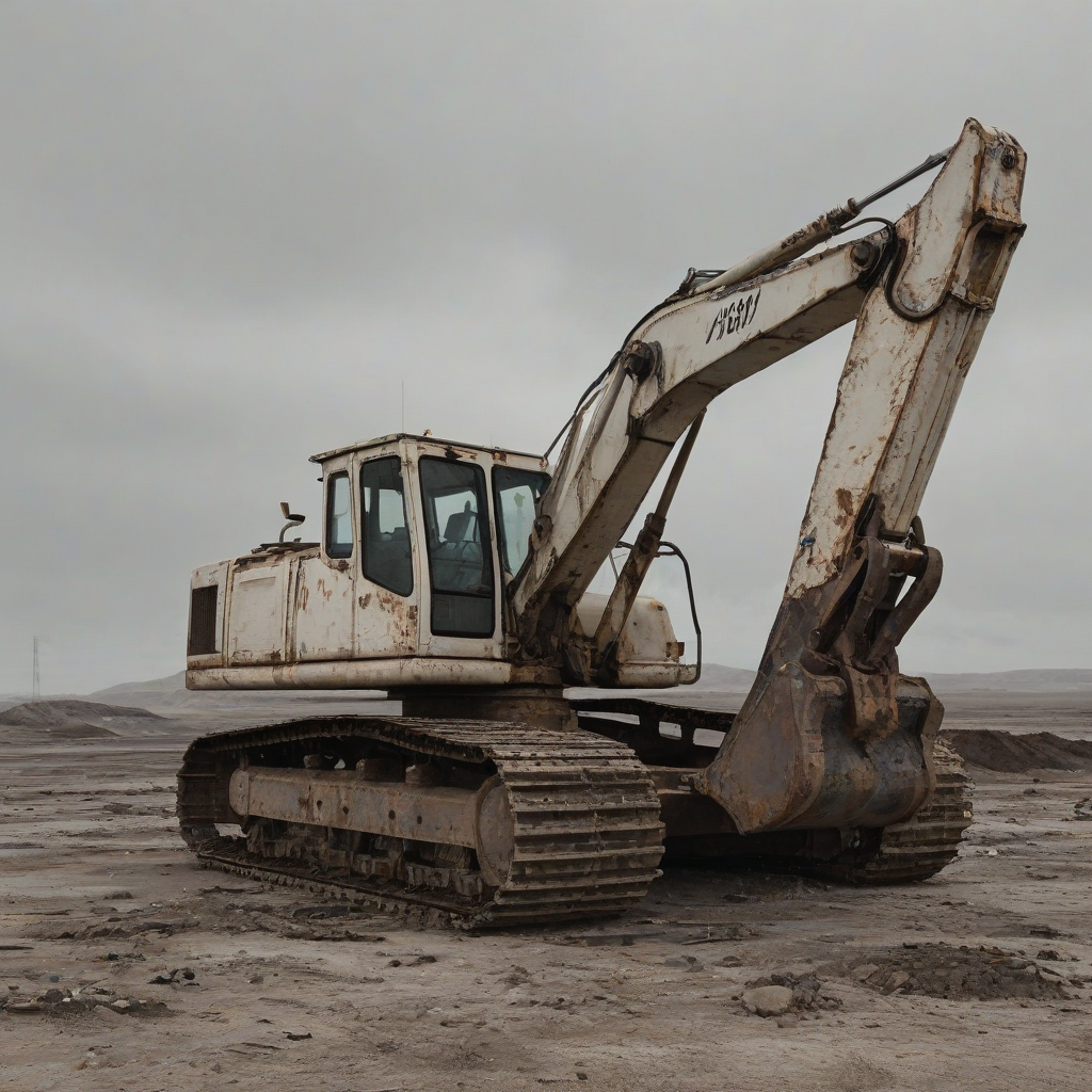 A wide shot of a worn, ivory-colored industrial excavator, set against a desolate, post-apocalyptic backdrop with a gray, overcast sky, on a plain white background, with the excavator's metal surface showing signs of rust and decay, and its windows cracked or broken, in a digital art style with a focus on realistic textures and lighting, full-body view, with the excavator's tracks and boom visible, and a sense of abandonment and neglect in the atmosphere