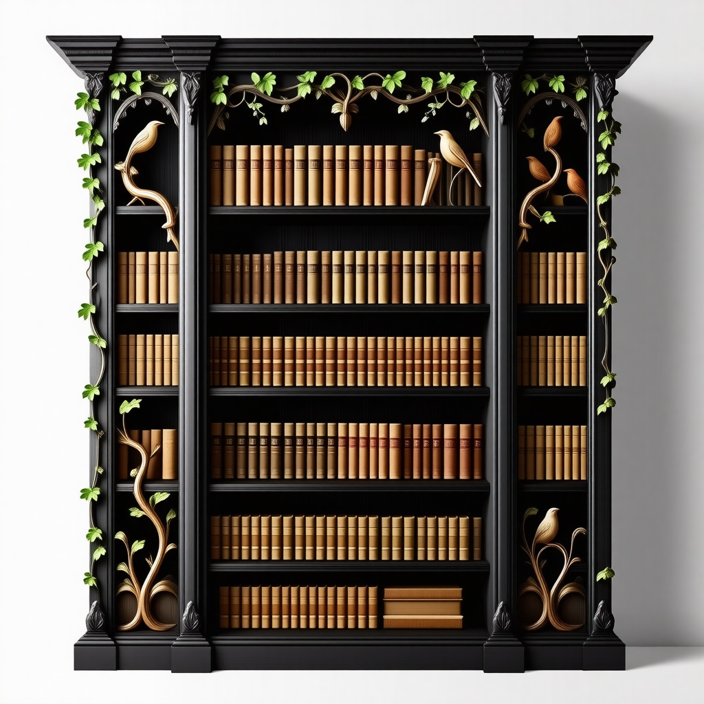 A dark wooden bookcase covered with carvings of vines and birds. On the bookshelf are dozens of old books