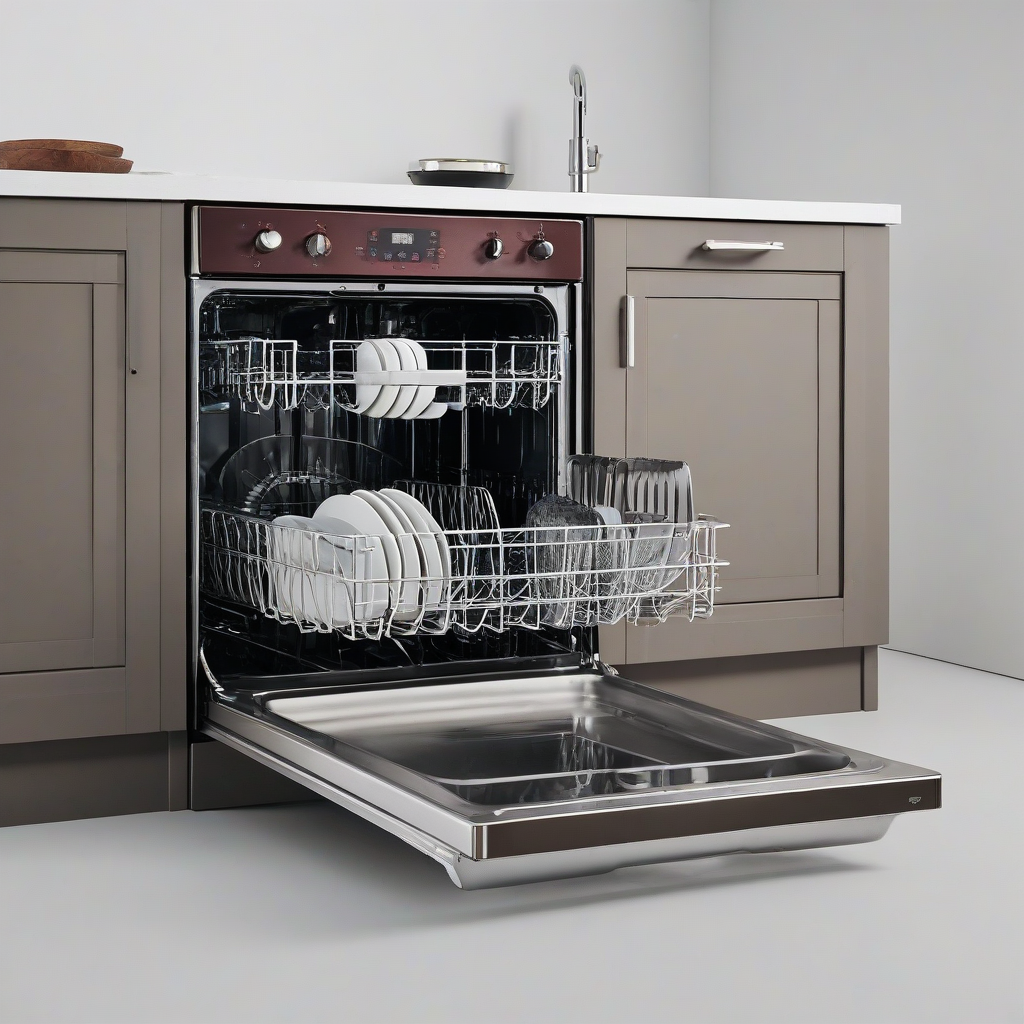 Dishwasher, cozy rustic style, with deep colors, on a plain white background, even lighting