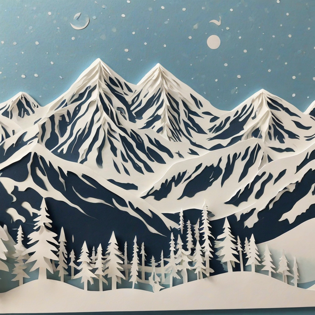 Paper cutout art of snowy capped mountains