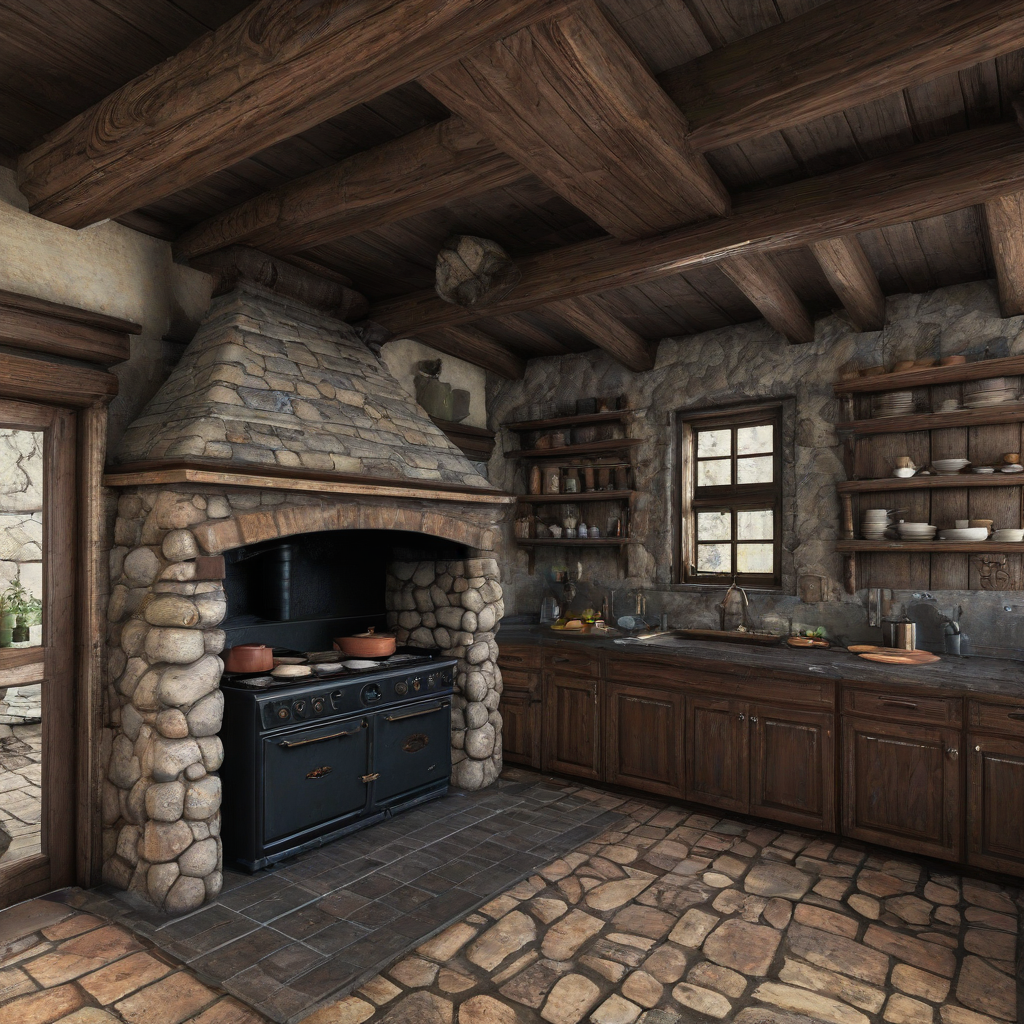 game asset style mid evil era kitchen featuring a large chimney constructed from rocks above a cast iron stove, dark round wooden beams, and dark wooden cabinets , no ceiling showing, slightly down looking angle