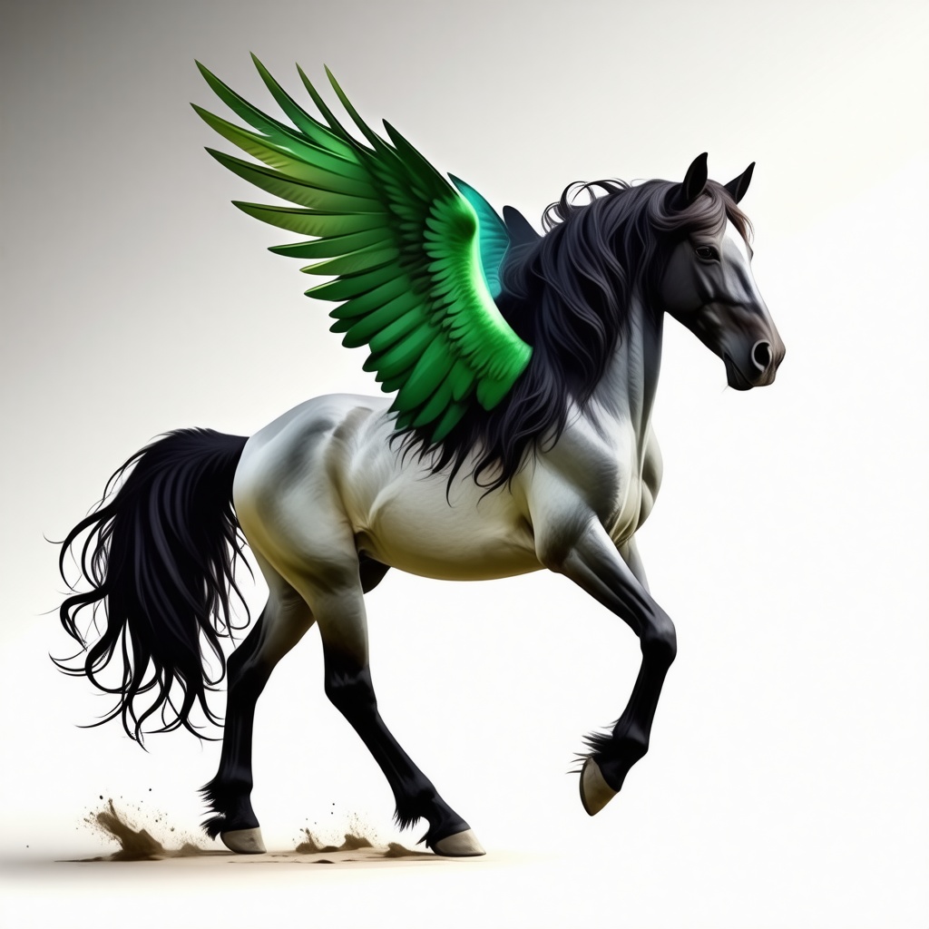 horse with green wings, mane, and tail