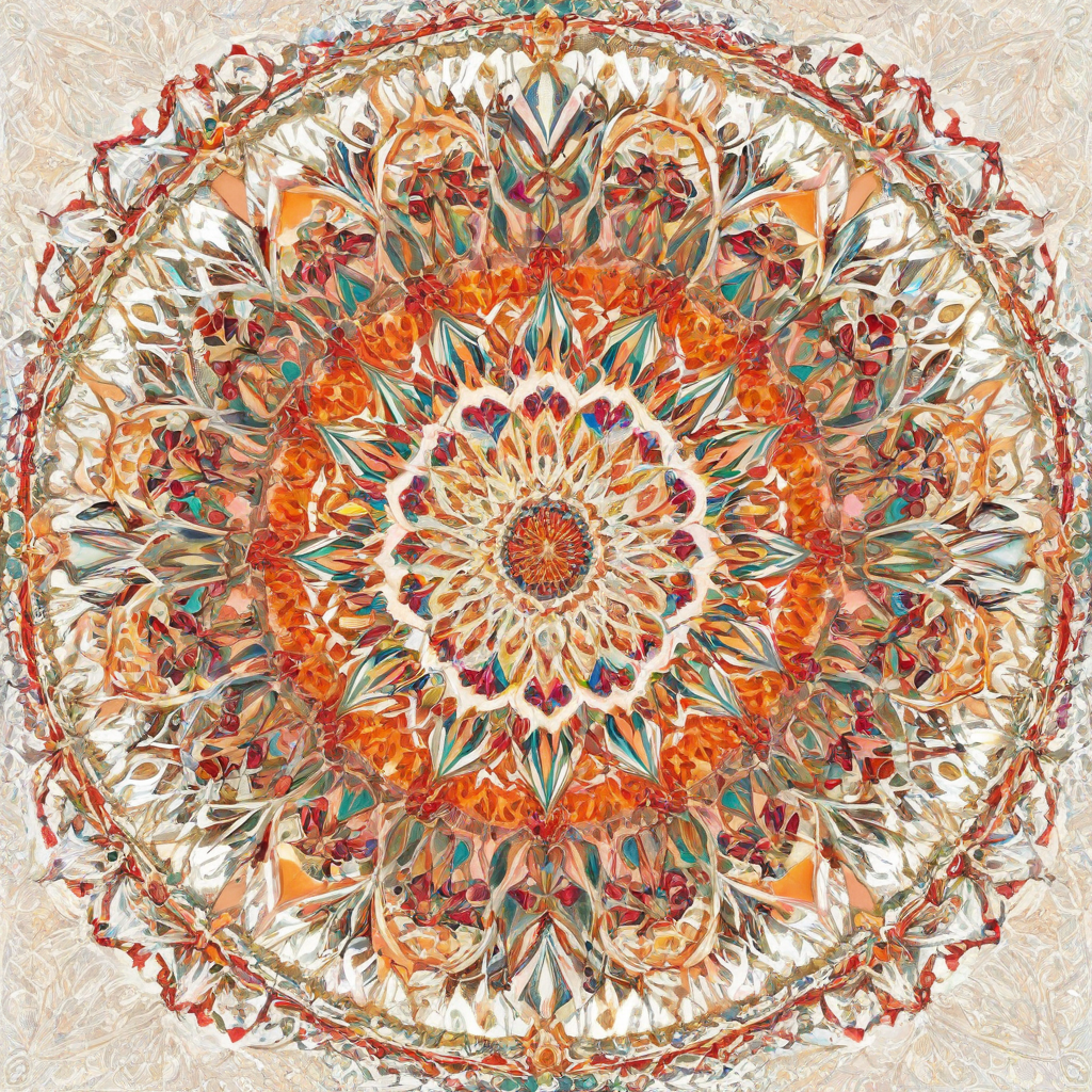 A colorful, symmetrical kaleidoscope with intricate patterns and shapes, set against a plain white background, in a wide shot with the entire kaleidoscope visible, created in a digital art style with vibrant colors and dynamic shadows