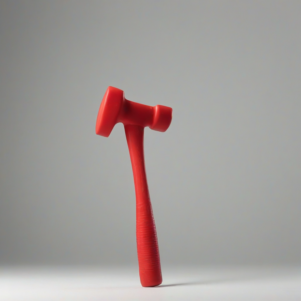 A full-body view of a plastic red squeaky toy hammer, isolated on a plain white background, with a wide-angle shot, and a soft, natural light, in a digital art style with bold lines and vibrant colors, on a plain white background, even lighting 