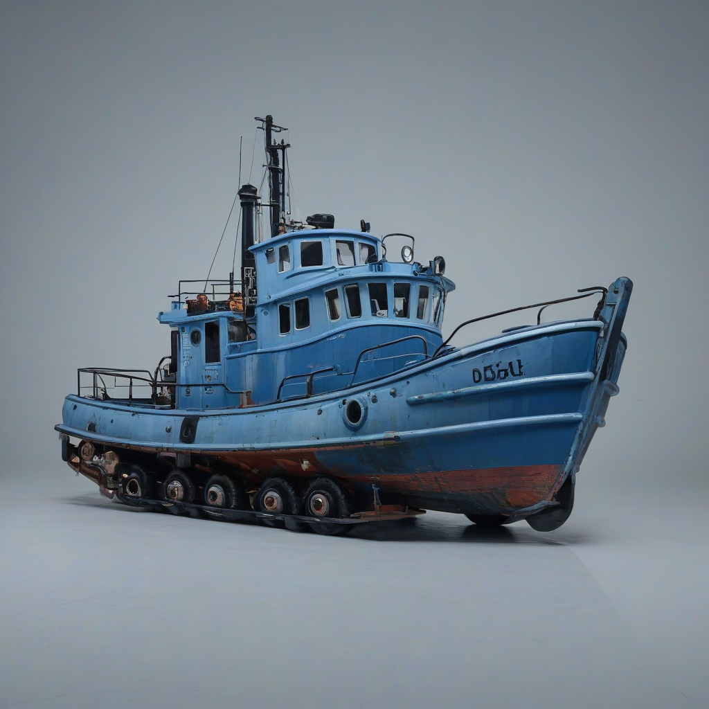 Diesel-powered tugboat painted in a denim blue color palette on a plain white background with even lighting