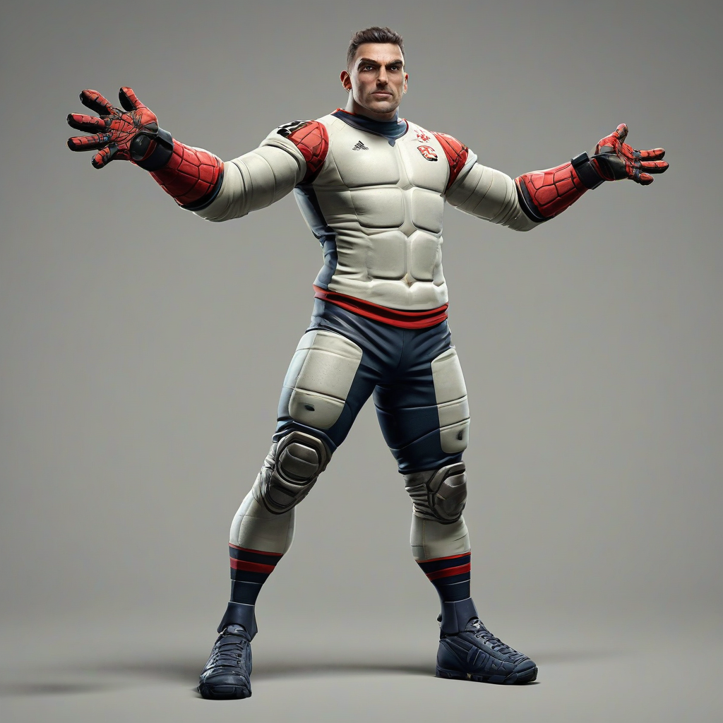 A stylized, weird-looking football goalkeeper character standing in a perfect T-pose.
Arms fully extended horizontally, legs straight and slightly apart.
Exaggerated proportions: long arms, slightly oversized gloves, narrow waist, big boots.
Cartoon-meets-semi-realistic style, suitable for a video game character.
Neutral facial expression, slightly goofy or uncanny vibe.
Wearing a modern goalkeeper outfit: padded jersey, shorts, high socks, goalkeeper gloves.
Clean topology, symmetrical body, centered in frame.
No accessories, no background, no ground, floating character.
Full body visible from head to toe.
Unreal Engine / Unity ready, animation-friendly, riggable character.
Plain neutral lighting, studio style., on a plain white background, even lighting