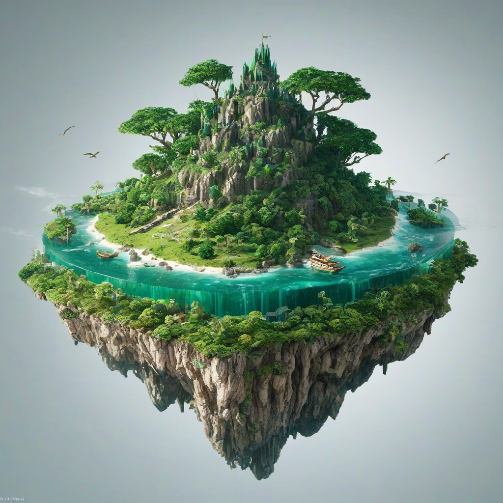 majestic floating emerald island, full island visible, only one island in the scene, on a plain white background, even lighting