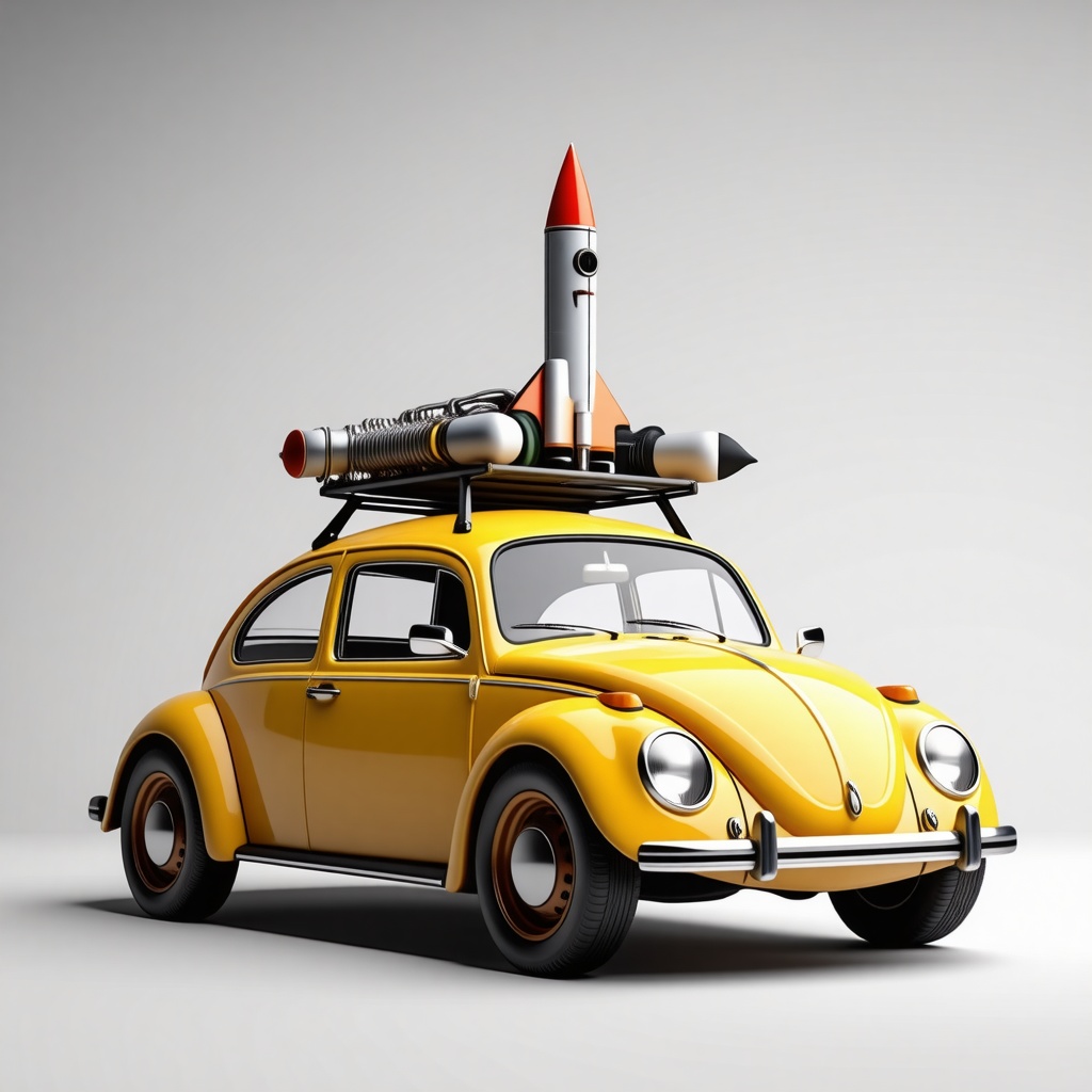 A yellow Volkswagen Beatle with a rocket engine strapped to the top of it