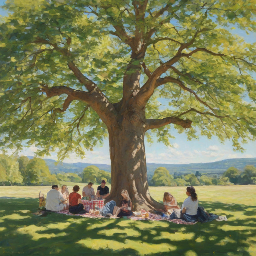 A serene and vibrant painting of a group of people having a picnic under a giant, ancient maple tree with a wide canopy, set against a clear blue sky with a few puffy white clouds, warm sunlight casting dappled shadows on the lush green grass, with a wide-angle view, in the style of impressionist oil painting