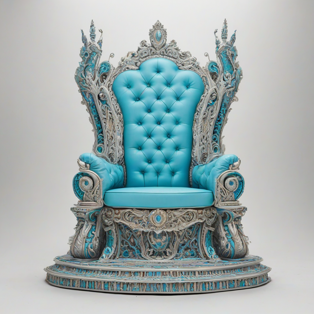 A majestic, Cyan-colored throne, with intricate carvings and ornate details, set against a plain white background, in a wide shot with the throne's base and legs fully visible, concept art style, with bold lines and vibrant colors, digitally painted with a mix of realistic and fantastical elements, on a plain white background, even lighting