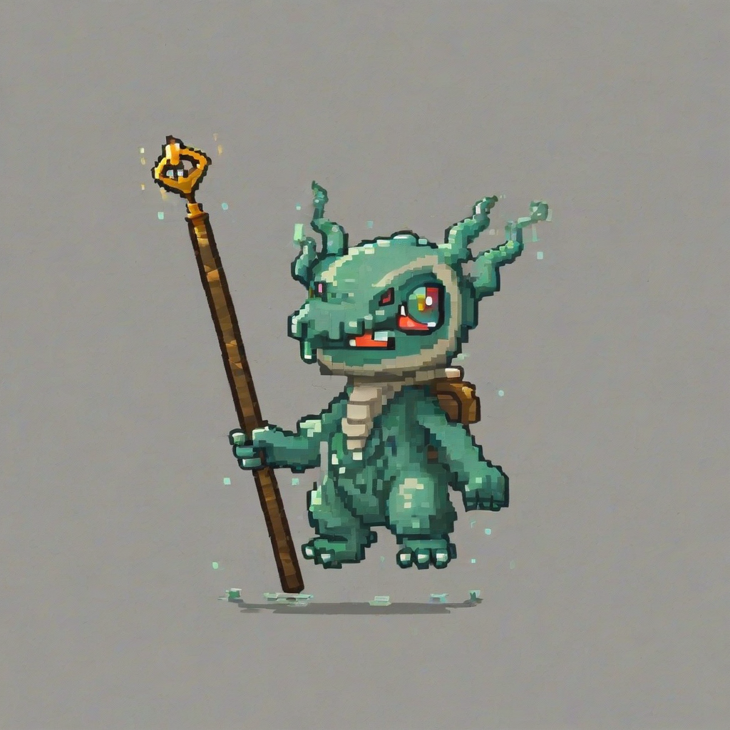 Chibi pixel art style, old sky creature holding a staff, on a plain white background, even lighting