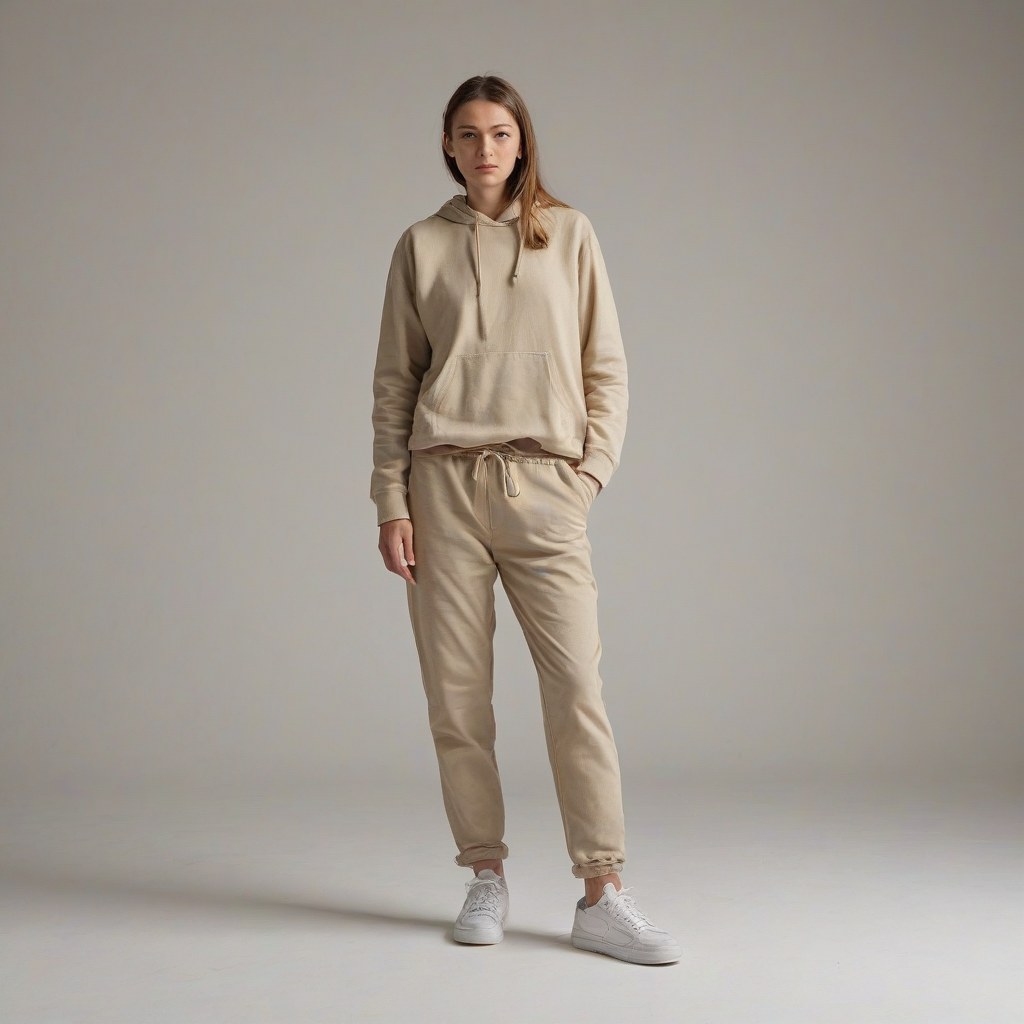full-body view of a person, beige clothing, realistic style, plain white background