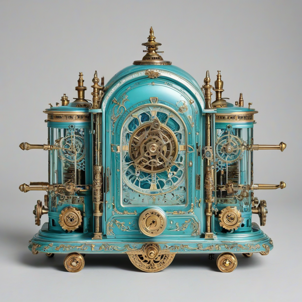 A intricately designed, Cyan-colored, Victorian-era inspired gadget, with brass accents and visible gears, in a wide shot, full-body view, on a plain white background, with soft, warm lighting and a slight sheen to the metallic components, in the style of a detailed, realistic illustration, on a plain white background, even lighting