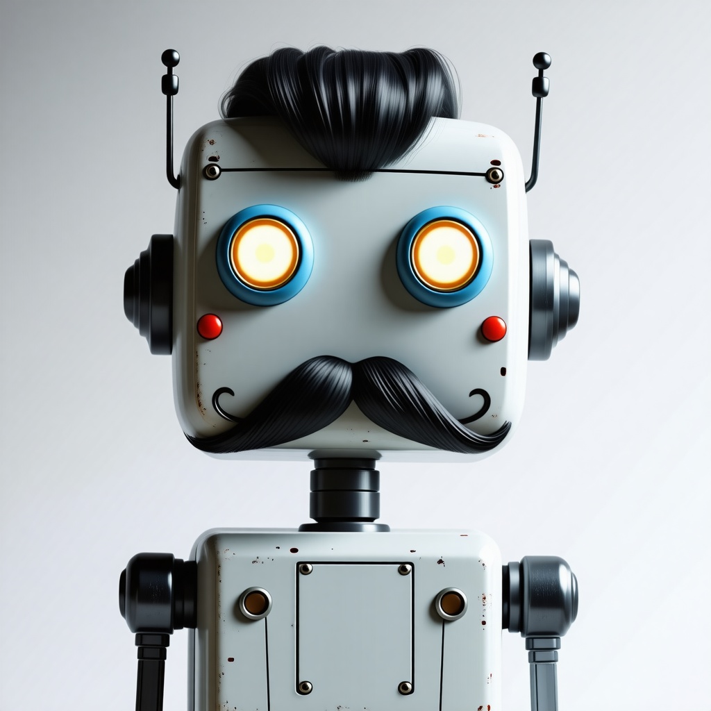 A robot with large lightbulb eyes and and a hair comb mustache