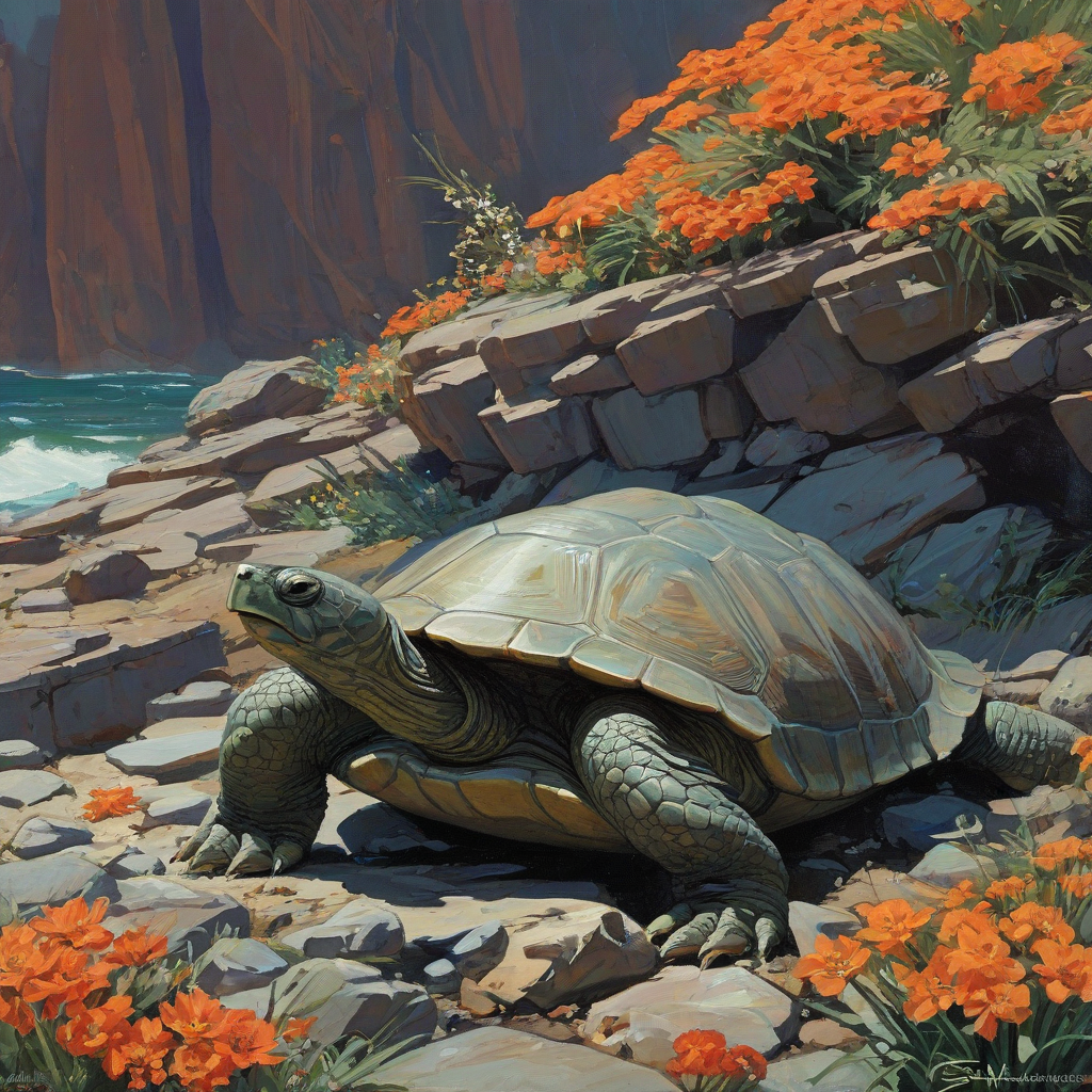 Syd Mead art style close-up of a turtle made of rocks and flowers