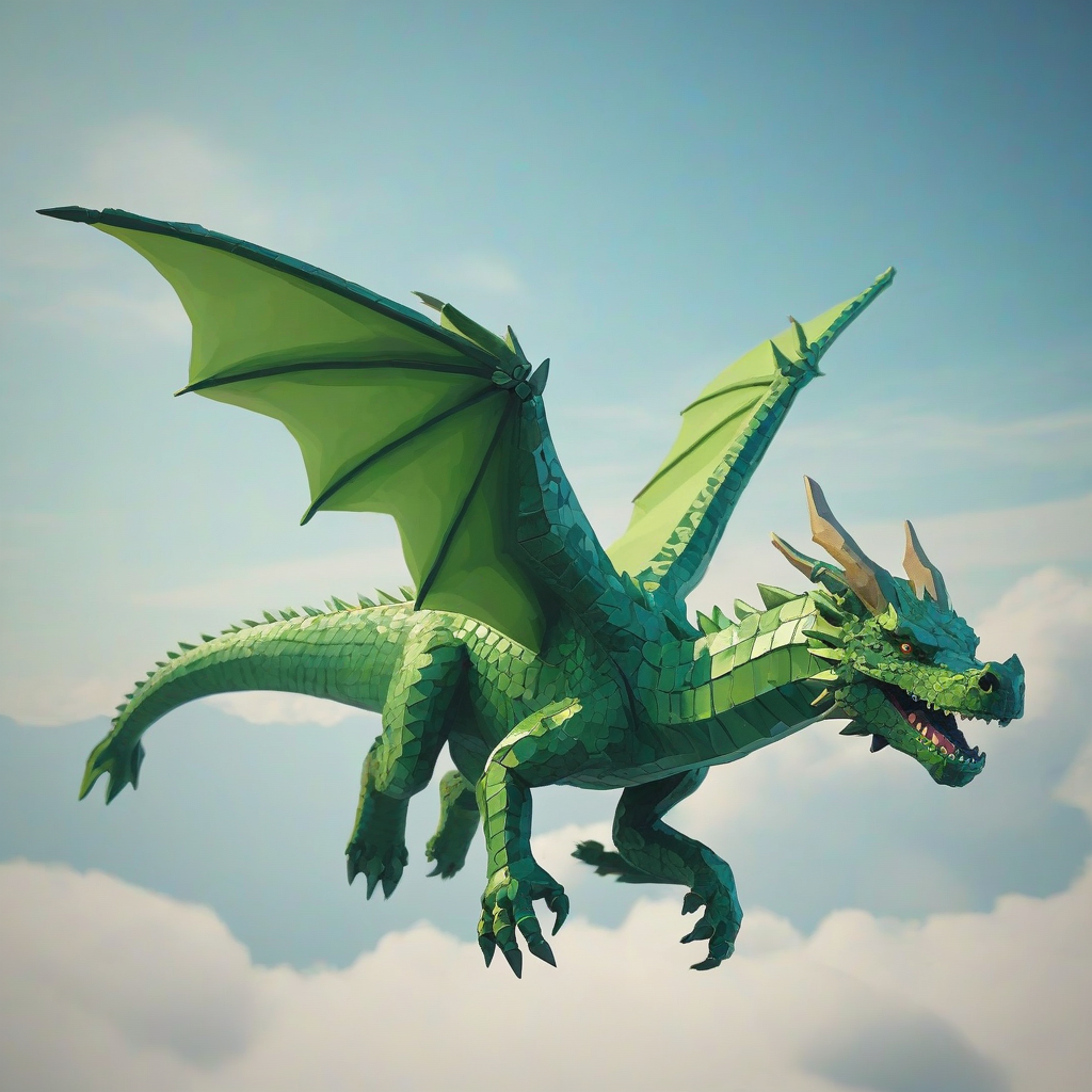 Low poly art of a green dragon flying through the big open blue sky