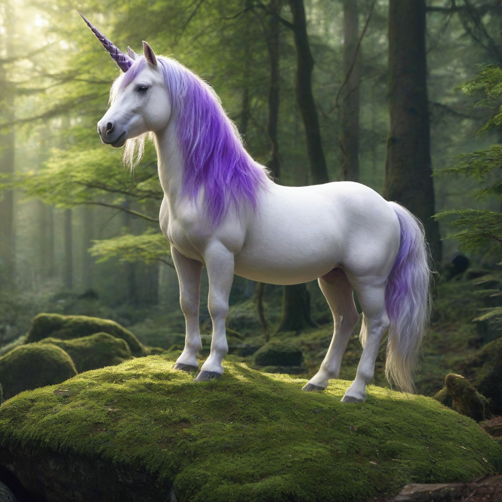 A majestic white unicorn with a vibrant purple mane and tail, standing proudly on a large, moss-covered rock in a full-body view, with its feet visible, in a forest, in a fantasy, dreamlike illustration style with soft, delicate lines and subtle shading