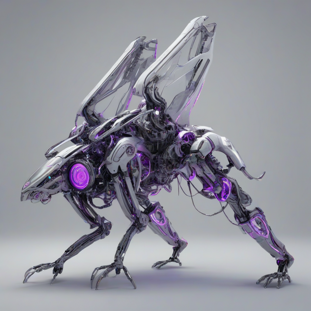a full-body view of a biomechanical flying object with a predominantly grey and metallic exoskeleton, neon purple accents, and visible mechanical components, set against a plain white background, in a futuristic, high-tech style with a mix of digital painting and 3D art elements, wide shot, feet visible, with a sense of dynamic movement and energy
