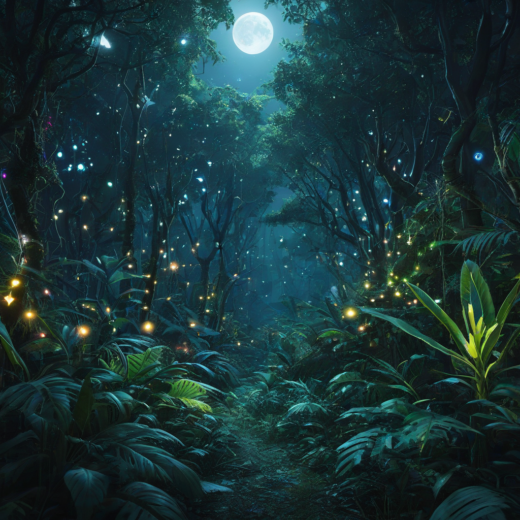 A sci-fi jungle where the the leaves are all robotic and the trees look natural except for a few thin strips of neon glowing lights, the moon is visible through the canopy with many small stars in the night sky