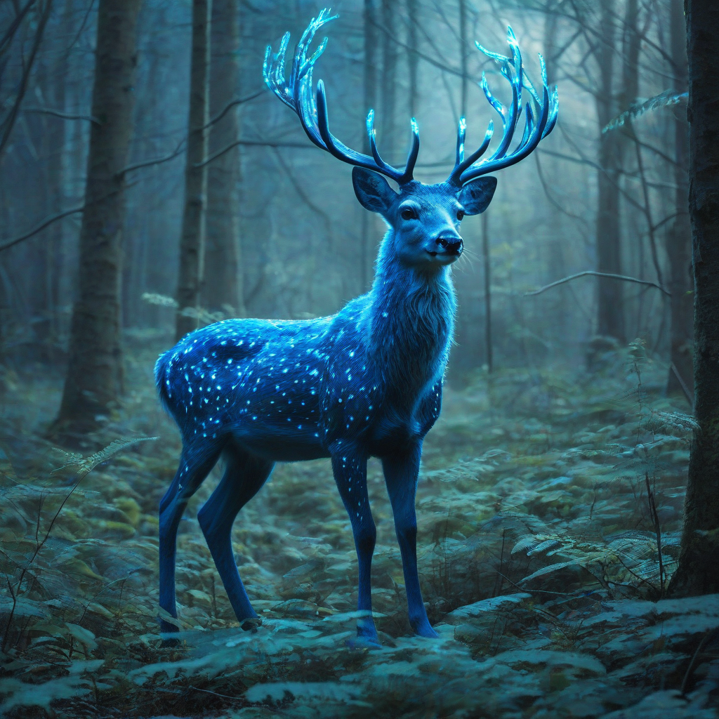 a glowing blue deer in a magical forest