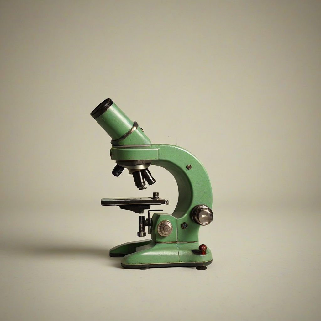 A vintage, green, grunge-style microscope on a plain white background, with a wide-angle view, soft natural lighting, and a shallow depth of field, in a digital art style with subtle texture and minimal shadows, full-body view of the microscope with all parts visible, including the stage, lenses, and adjustment knobs