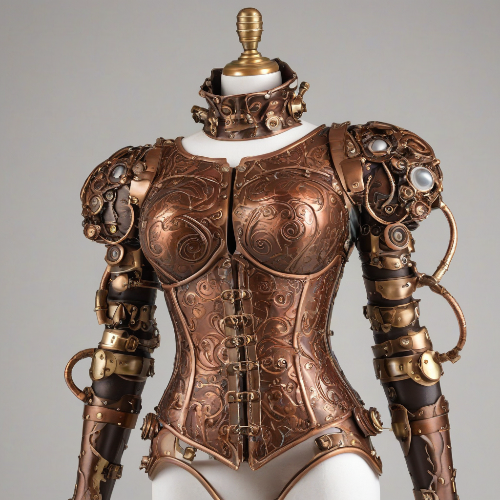 A intricately crafted, full-body view, steampunk-inspired piece of armor, with brass accents and copper pipes, adorned with a melted, swirly pattern of chocolate on the chest plate, set against a plain white background, with a wide-angle shot, and dynamic shadows, in the style of a digital illustration