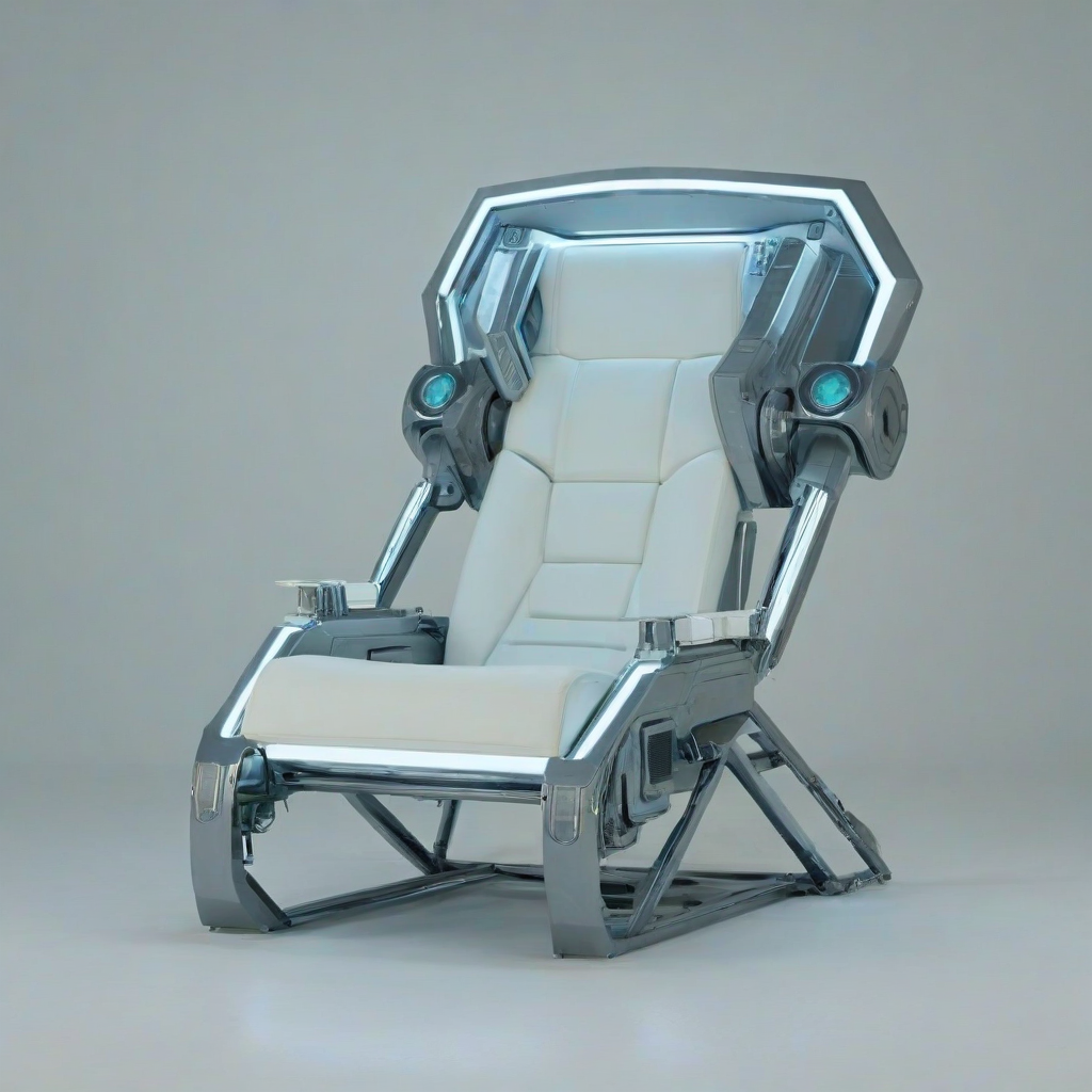 A futuristic, high-tech, steel-colored armchair with metallic accents and neon lights, in a wide shot, full-body view, with a plain white background, in a cyberpunk style, with sharp lines and geometric shapes, and a sense of advanced technology integrated into its design, on a plain white background, even lighting