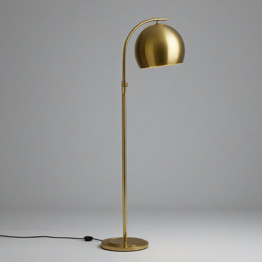 brass floor lamp with brass, dome, spot light shade, on a plain white background, even lighting