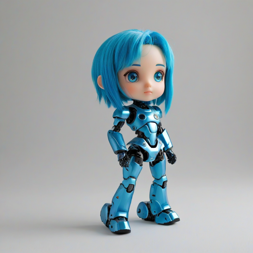 chibi style blue haired girl robot, on a plain white background, even lighting