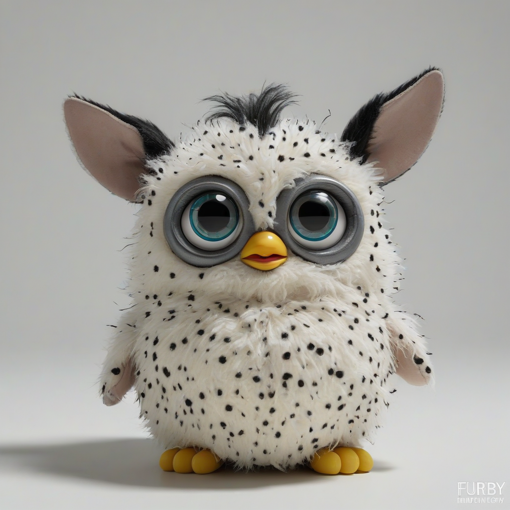 A full-body view of a vintage Furby toy, primarily white with distinct black spots, sitting on a plain white background, with a wide-angle shot and soft, natural lighting, in a digital art style with bold lines and vibrant colors, on a plain white background, even lighting 