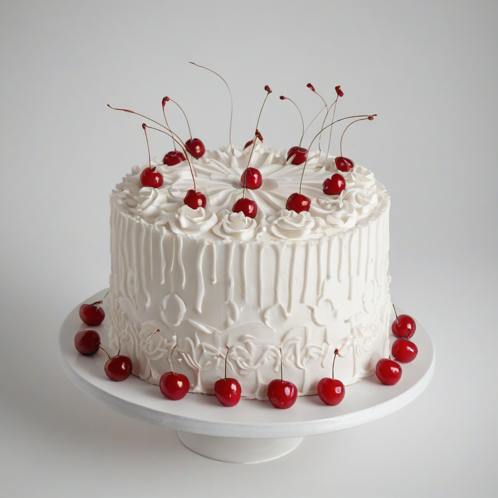 A white cake with intricate white piping designs and red maraschino cherries on top, full-body view, plain white background, digital illustration style, soft natural light, wide-angle shot, on a plain white background, even lighting 