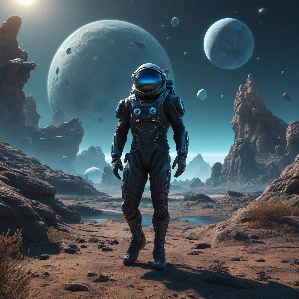 Alien planet with strange bioluminescent flora and fauna, hyper-realistic, multiple moons in the sky, a lone explorer in advanced tech suit, otherworldly and vast.