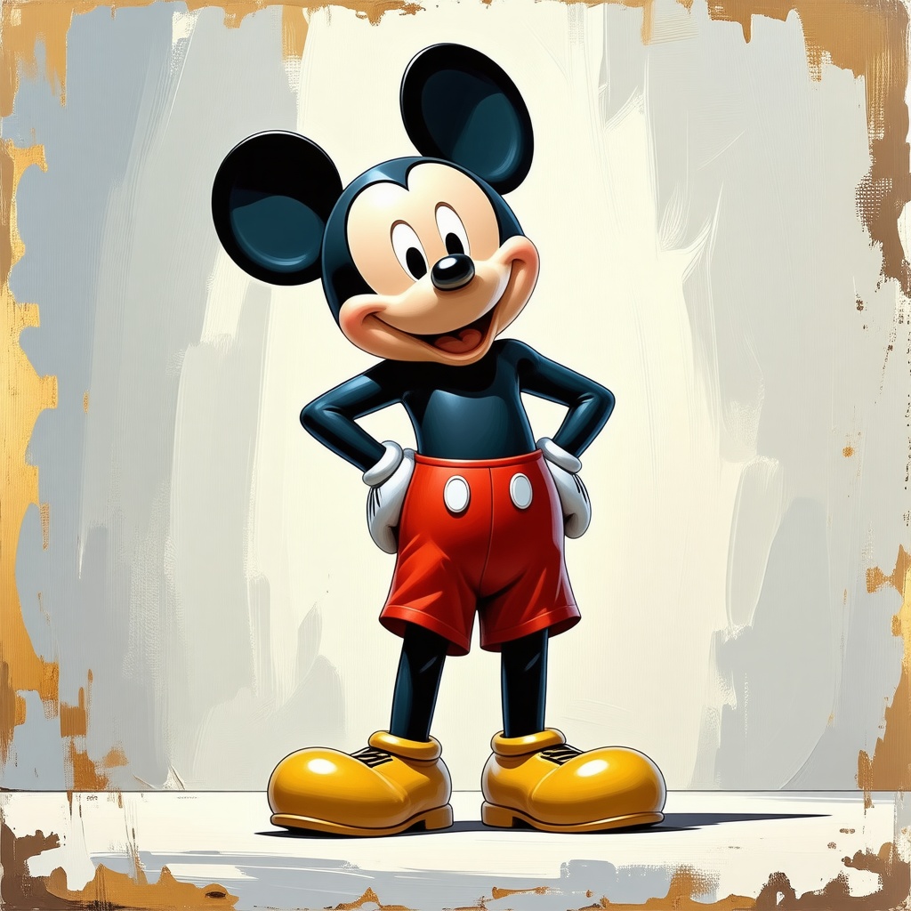 Mickey Mouse, tall, full-body view, standing on a plain white background, wearing his iconic red shorts and yellow shoes, with a cheerful expression, in a digital art style with bold lines and vibrant colors, wide shot, feet visible