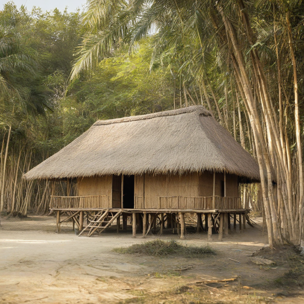 A small, rustic hut with thatch roofing, elevated on bamboo stilts, in a wide shot with the entire hut visible, on a plain white background, in the style of a watercolor painting, with soft, warm lighting and dynamic shadows, on a plain white background, even lighting 