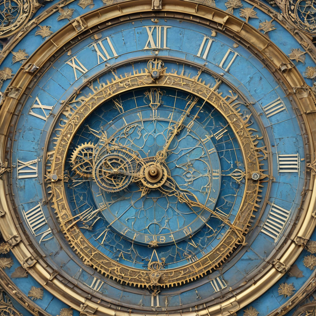 A detailed, full-body view of a medieval-era astronomical clock, with intricate brass gears and dials, set against a plain white background, in a Sky Blue color scheme, with a sense of mysticism and wonder, rendered in a highly realistic digital art style with subtle texture and shading, wide shot with the entire clock visible, including the base and surrounding area, with a slight backlight to accentuate the details