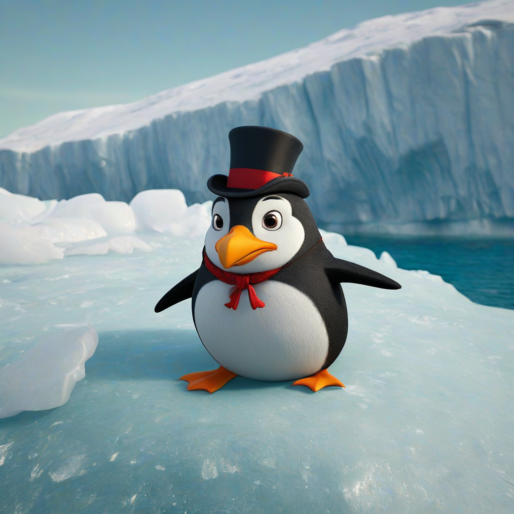 a cartoon penguin in a top hat on an iceberg