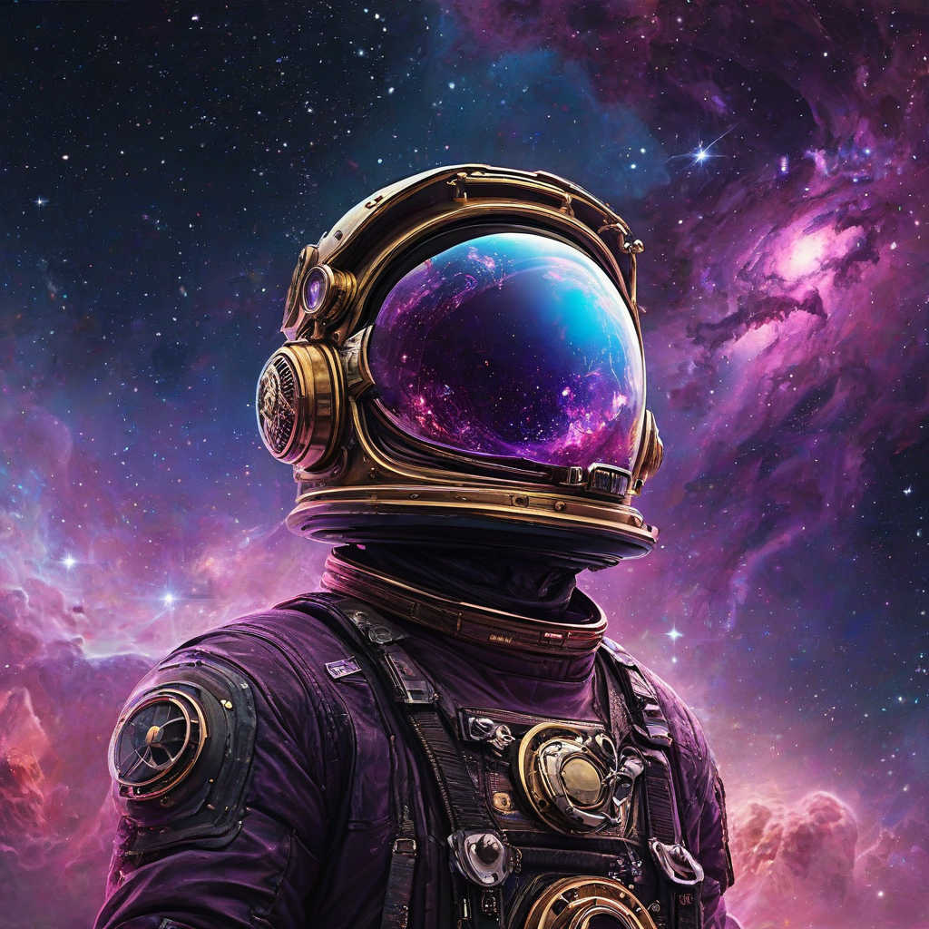 Digital art of a small steampunk astronaut in foreground with nebula reflected on helmet visor, the nebula is in outer space with glittery space dust and swirls of magic, pink, gold, purple accent colors, primary black color, influenced by Raymond Swanland and Andreas Rocha, intense mood