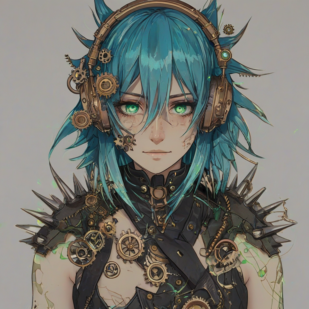A headshot of an anime girl with wild, spiky blue hair and intricate steampunk headphones, adorned with brass gears and copper filigree, set against a plain white background. Her bright, piercing green eyes gleam with a mischievous smile as she sits amidst a dimly lit, eerie murder scene, with faint, blurred hints of bloodstains and shattered glass in the background, out of focus. The steampunk headphones are securely fastened around her head, with a few loose strands of blue hair escaping to frame her pale, heart-shaped face. The overall style is reminiscent of a blend between Victorian-era mysticism and industrial science fiction, with bold lines, vibrant colors, and a sense of mystery. The full-face view captures her enigmatic smile, with a wide-angle shot that includes her shoulders and the tops of the steampunk headphones, all set against a stark, white backdrop.